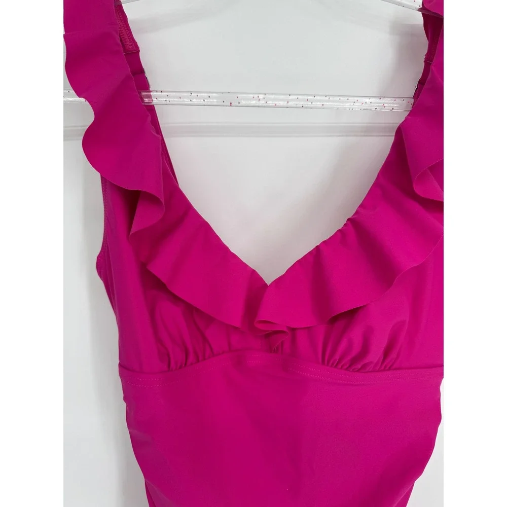 DKNY Pink Ruched Ruffle One Piece Swimsuit Adjustable Straps Pink Magenta Sz S - Picture 2 of 10